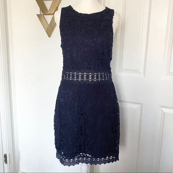 Mademoiselle Philip Marc Navy Blue Floral Lace Sleeveless Midriff Mini Dress